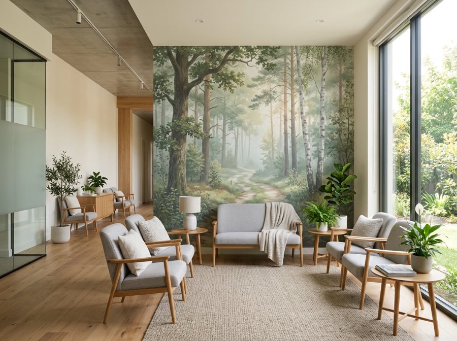 A calm medical waiting room fitted with a soft nature-scene FeatureWall mural