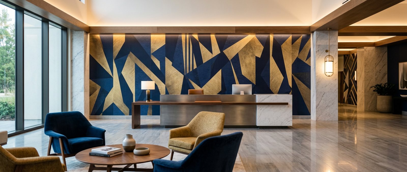 A large abstract mural covering the feature wall of a modern hotel lobby reception area