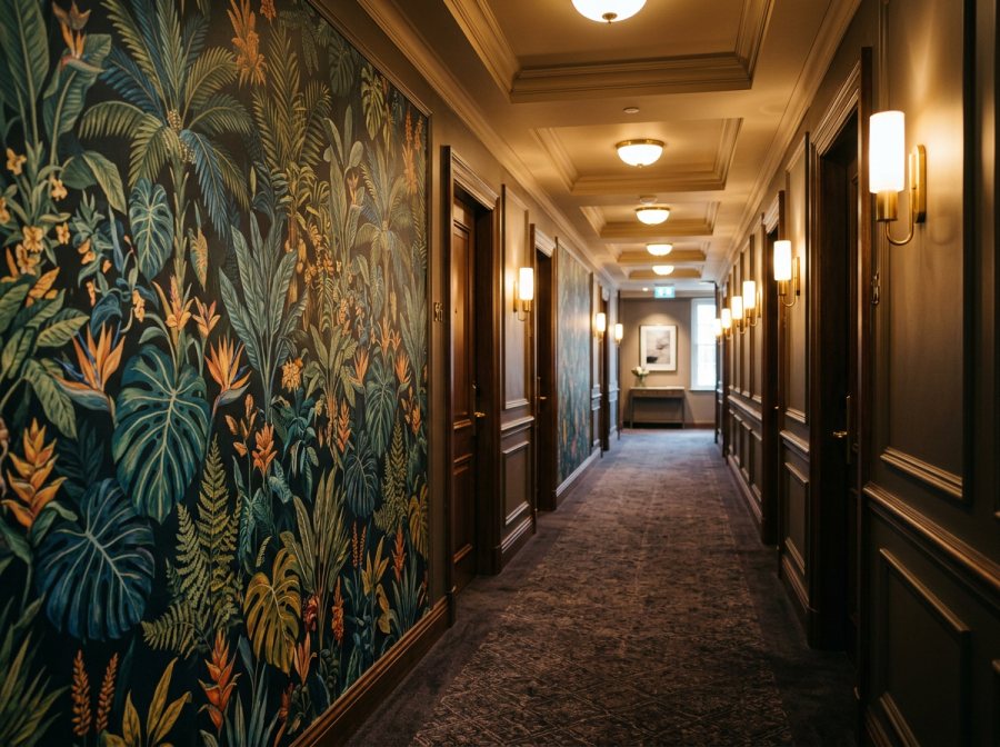 A boutique hotel corridor fitted with a botanical-pattern FeatureWall mural