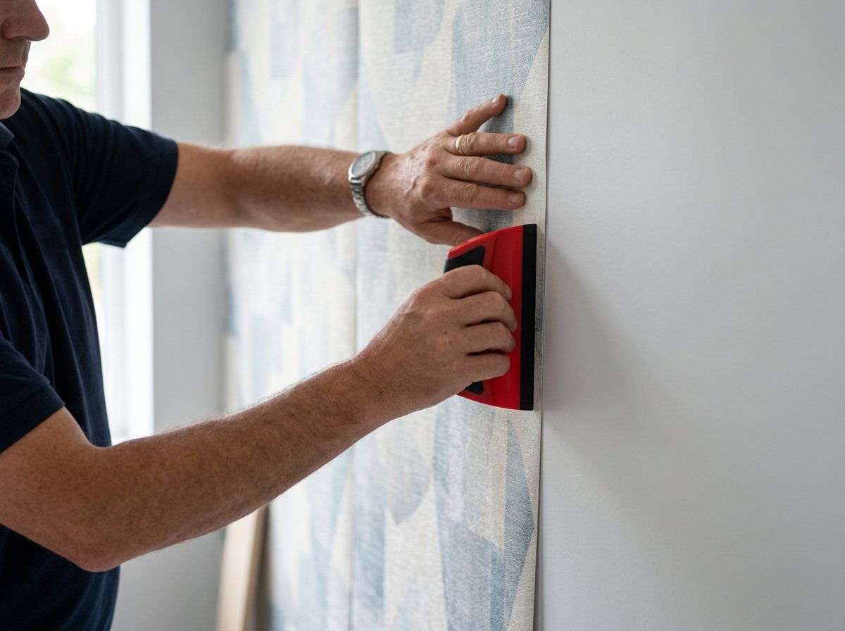 A FeatureWall installer smoothing a wallpaper mural panel into place for a seamless finish