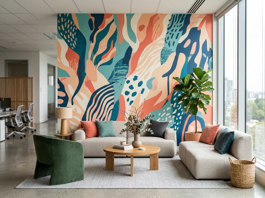 A bright open-plan office breakout area fitted with a bold abstract FeatureWall mural