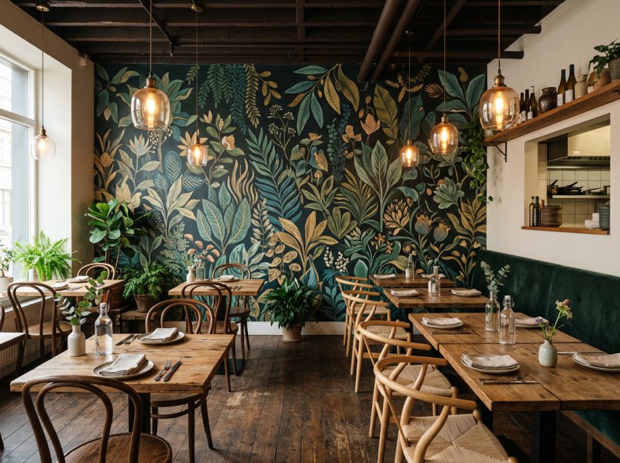 A stylish cafe dining area fitted with a rich botanical FeatureWall mural