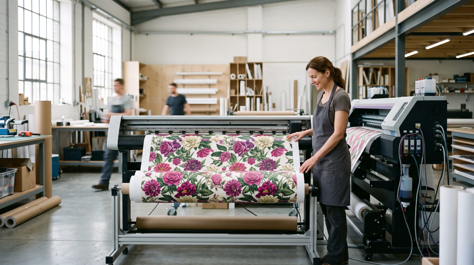 A floral wallpaper mural being printed at FeatureWall's workshop in Wetherby