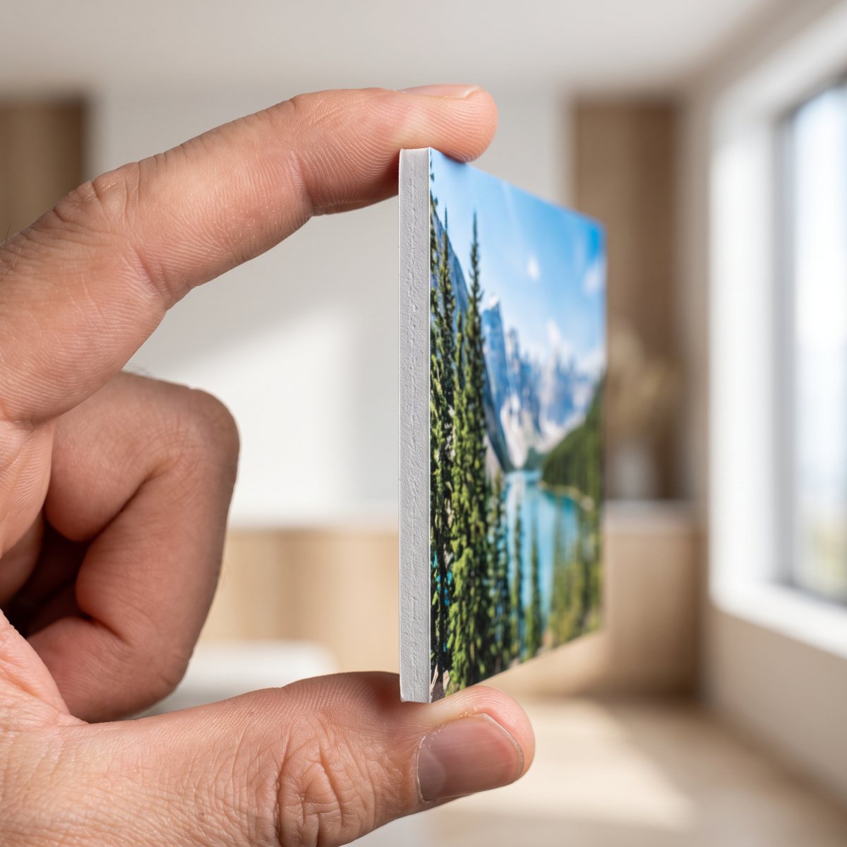 Close-up of the rigid 5 mm edge of a Facet photo tile held between two fingers.