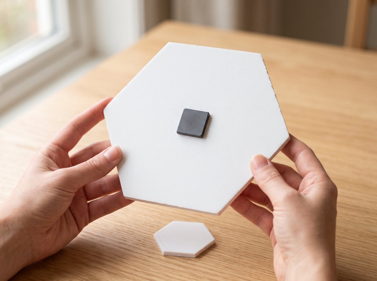 The back of a Facet hexagonal photo tile showing its magnet, with the included alignment spacer.