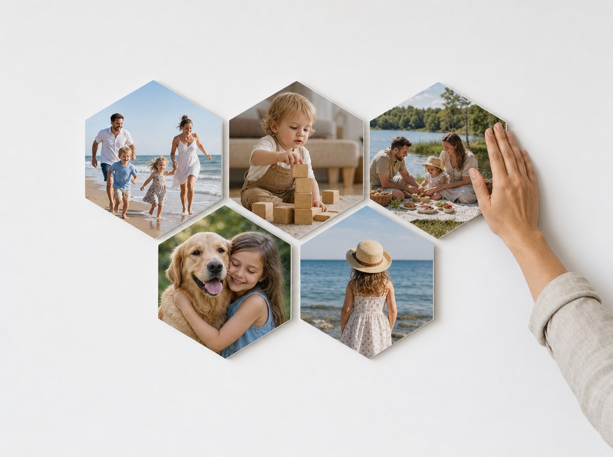 A hand pressing the top-right tile of a honeycomb of Facet photo tiles onto the wall.