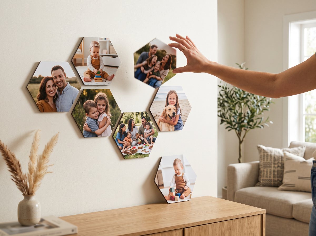 Swapping one magnetic photo tile out of a hexagon wall arrangement by hand.
