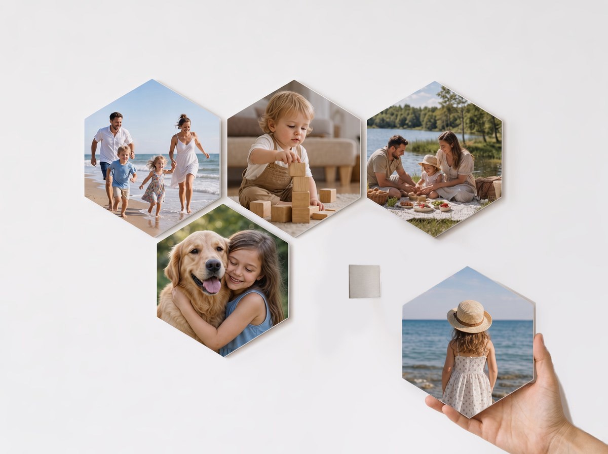 Swapping a hexagon photo tile off its magnetic wall plate