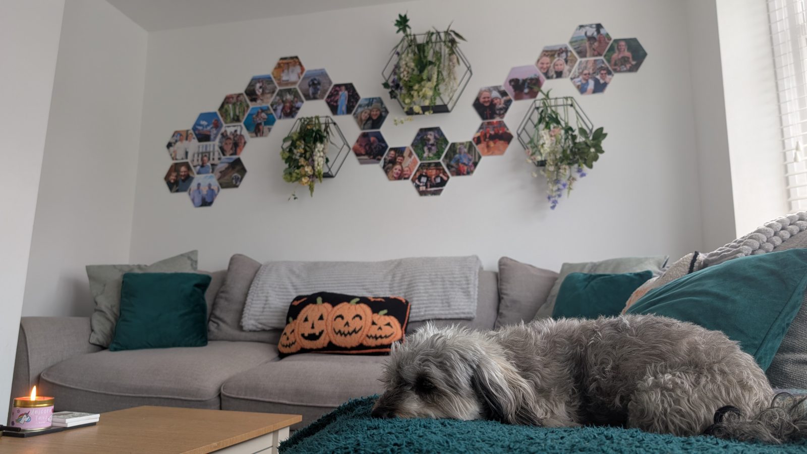 A living room with hexagonal photo tiles above the sofa