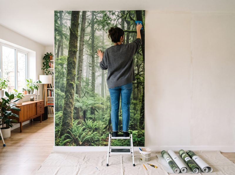 Hanging a wallpaper mural one numbered panel at a time