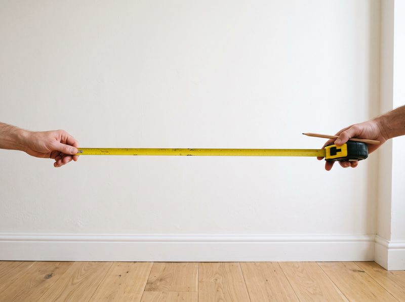 Measuring a wall with a tape measure before ordering a mural
