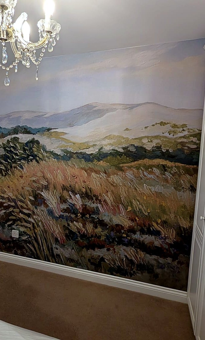 The finished one-piece landscape mural on a Harrogate bedroom wall