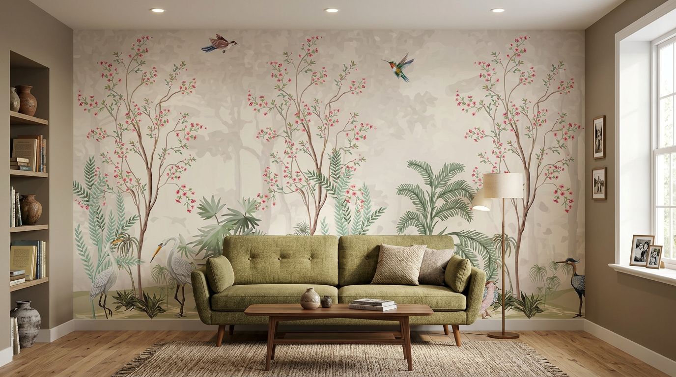 Flower and bird painting — room mockup 2