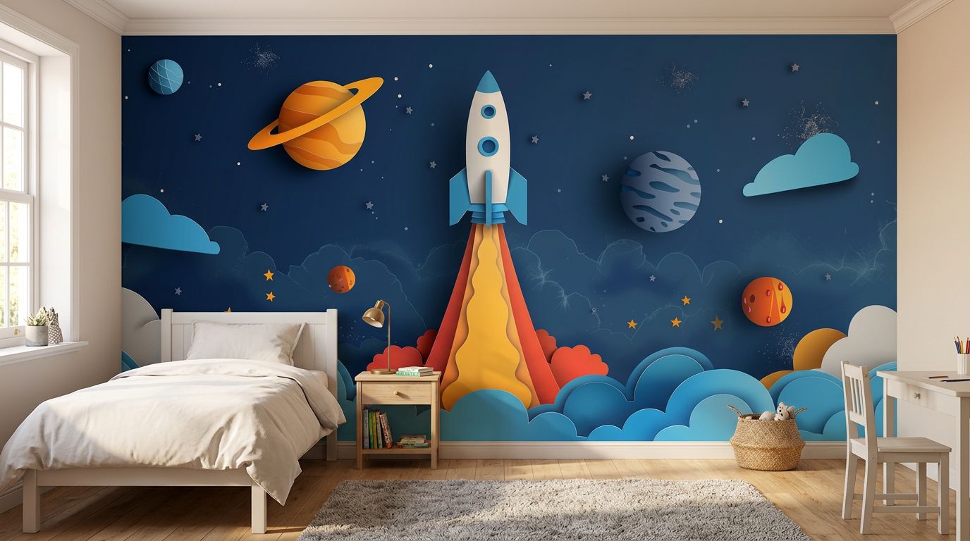Adorable Paper-Cut Rocket Art — room mockup 1