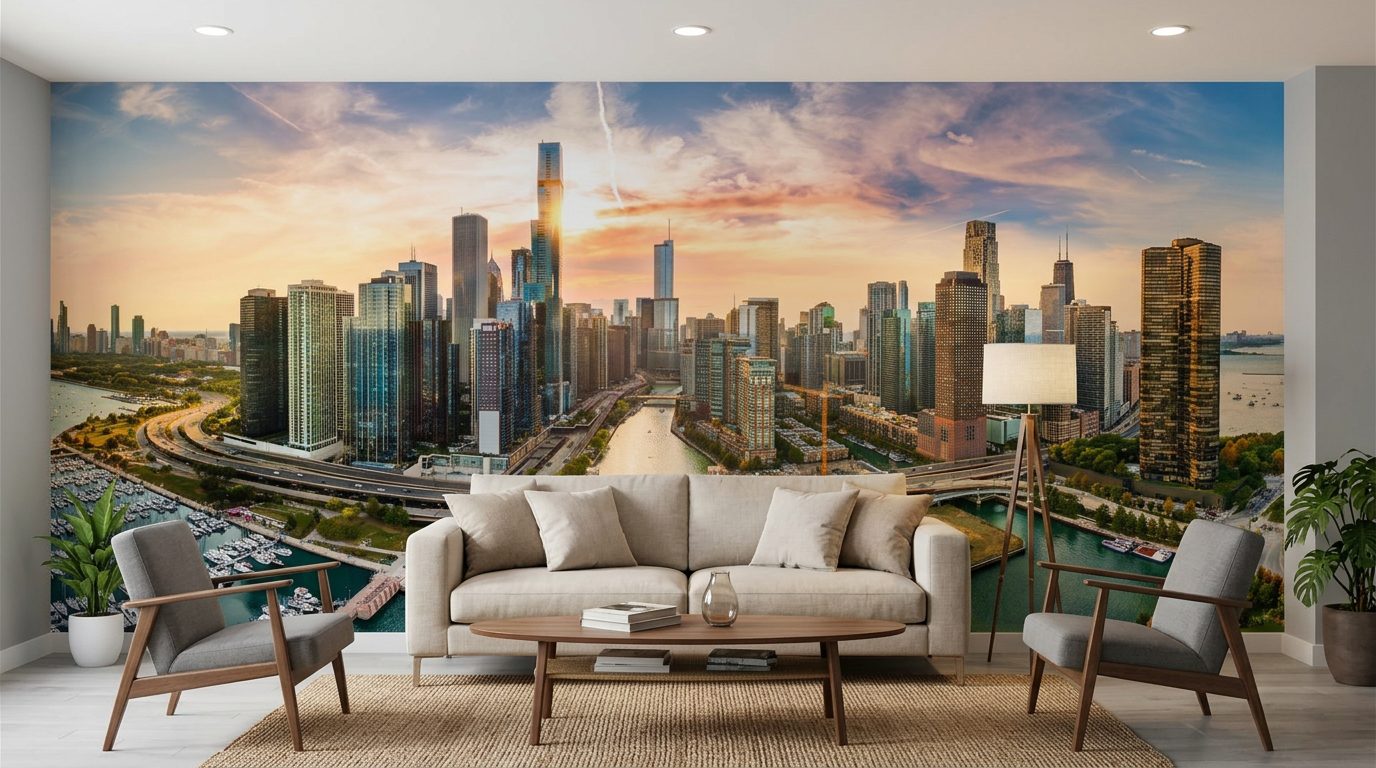 Chicago Riverfront Sunset shown in a room