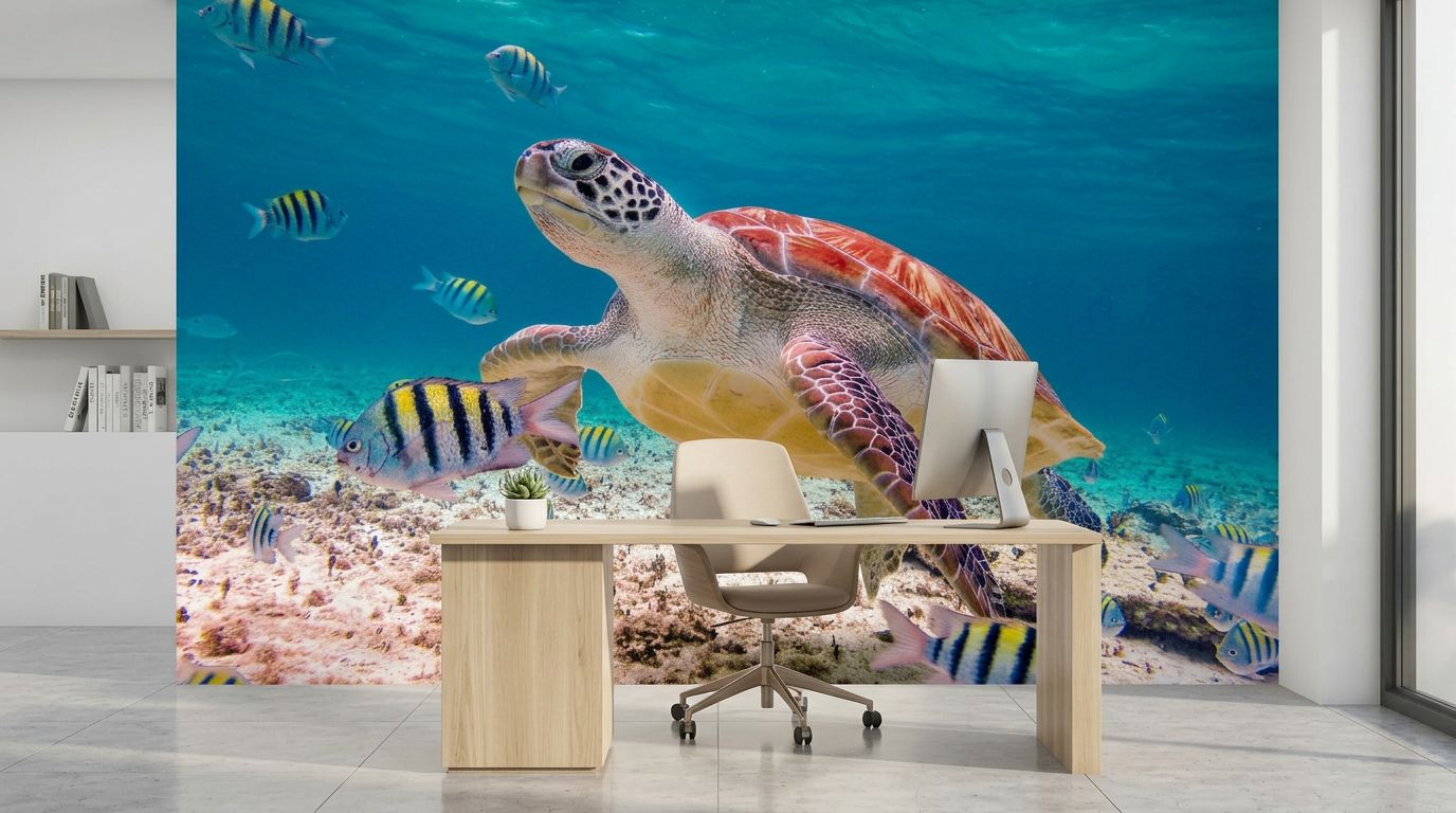 Majestic Sea Turtle Swimming Amidst Vibrant Coral Reefs — room mockup 3