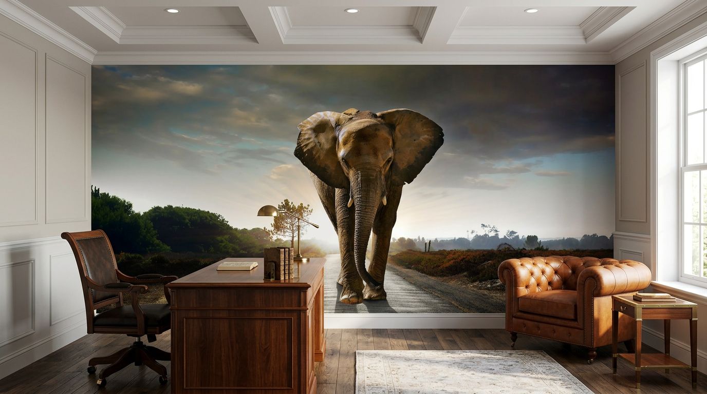 Lone Elephant at Sunset — room mockup 3