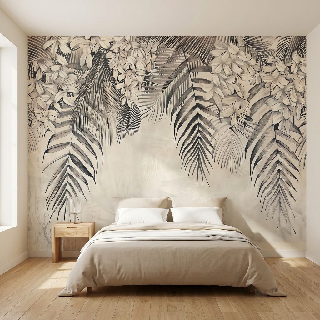 Vintage botanical illustration of tropical leaves — room mockup 2