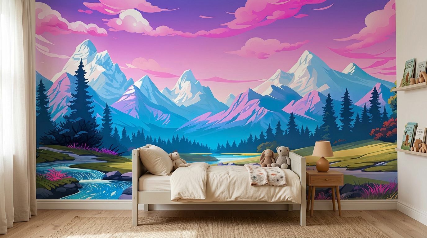 Idyllic summer landscape with river, forest and mountains — room mockup 1