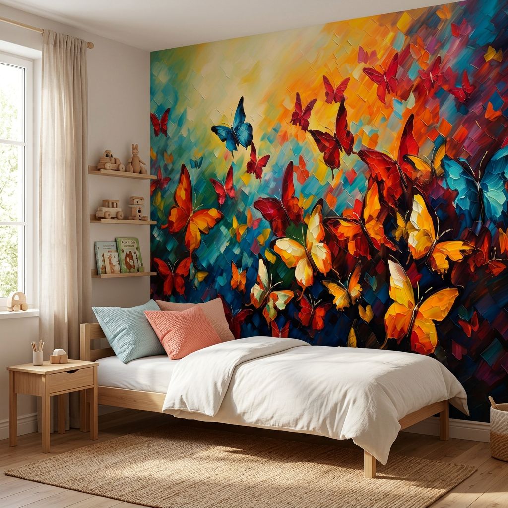 Vibrant Butterfly Mural Oil Painting — room mockup 2