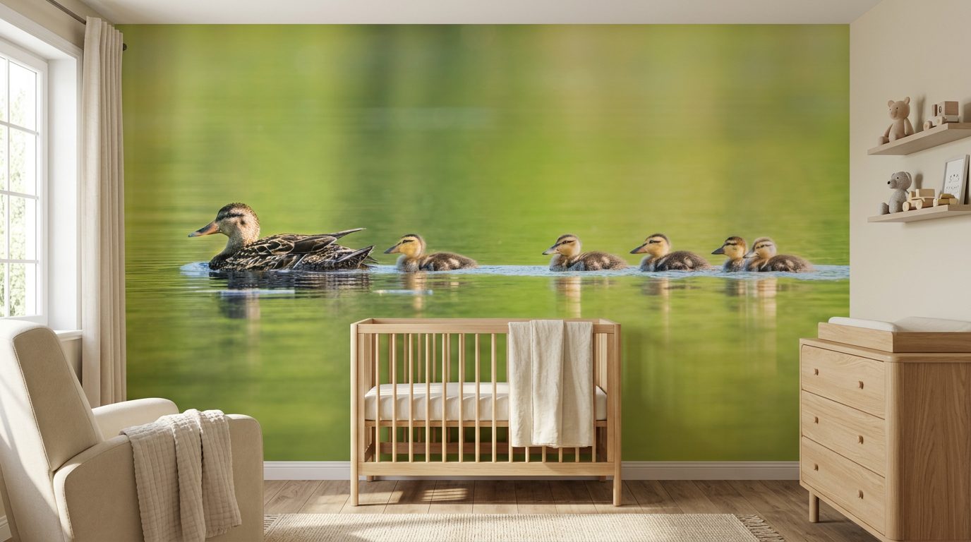 Mallard & Ducklings shown in a room