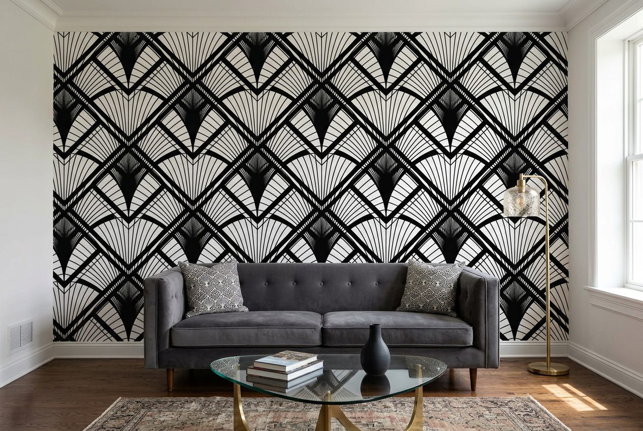 Elegant Black & White Diamonds & Triangles shown in a room