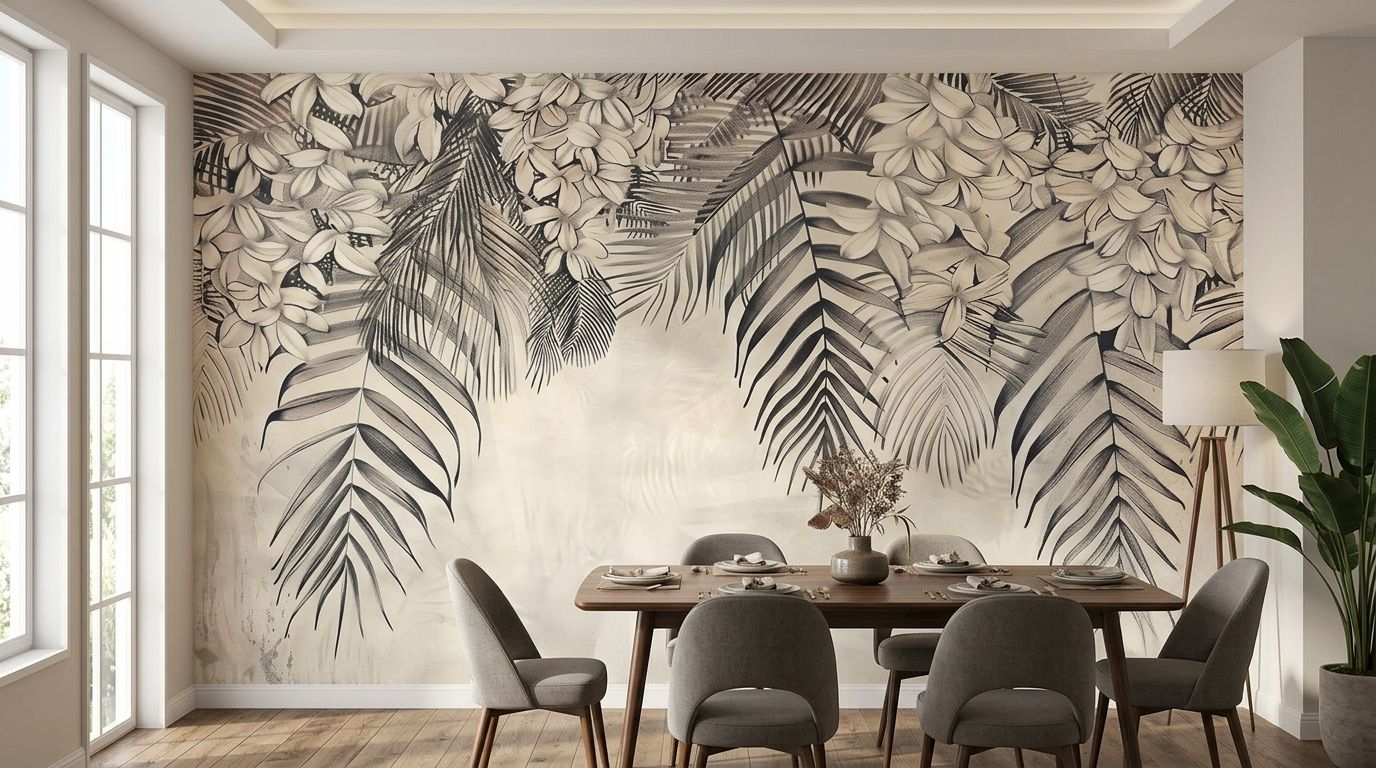 Vintage botanical illustration of tropical leaves — room mockup 3