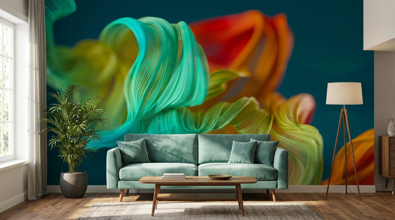 Flowing Colour Ribbons shown in a room