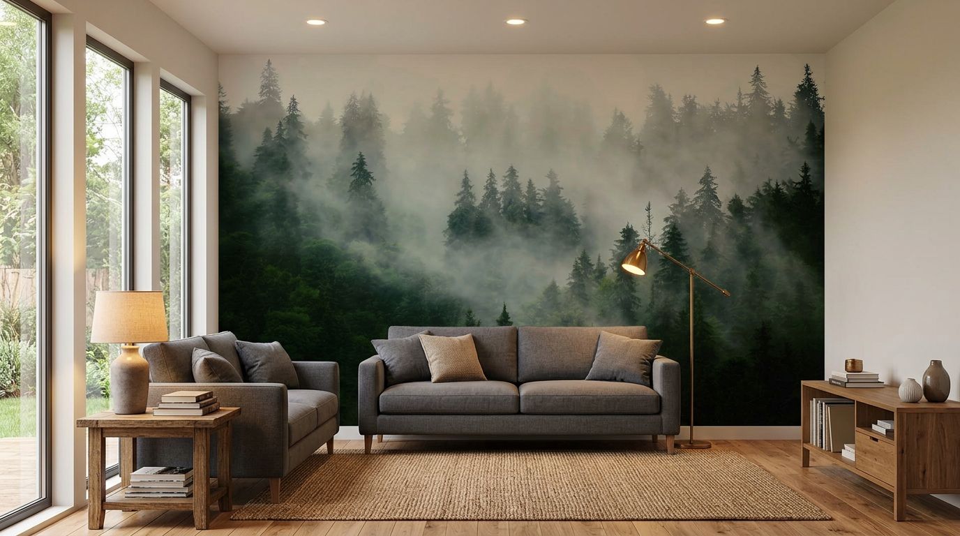 Misty fir forest landscape — room mockup 2