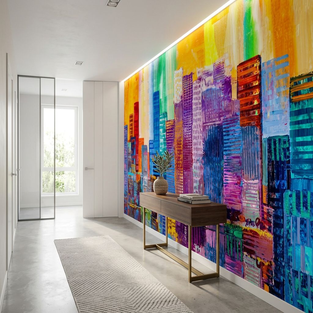 Vibrant Abstract Cityscape Art — room mockup 3