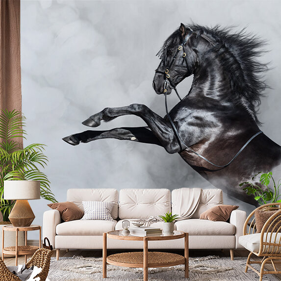 3D wallpaper featuring a dark horse galloping