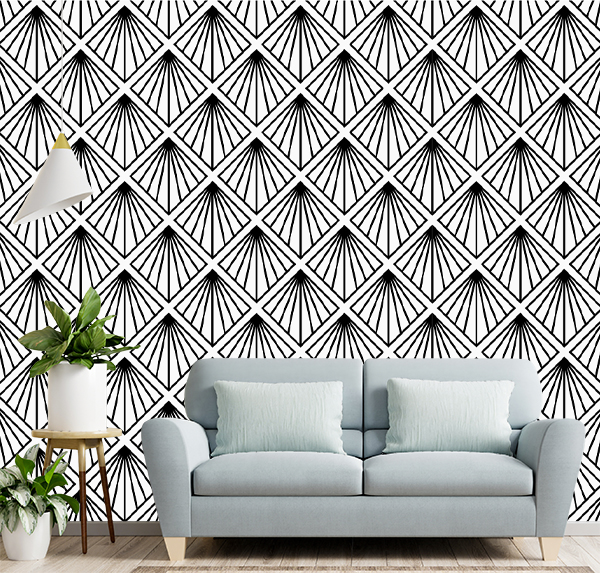 This classic geometric art seamless pattern features symmetrical black line diamonds radiating from a central point. The high-contrast black and white design is ideal for adding visual interest symmetrical background.