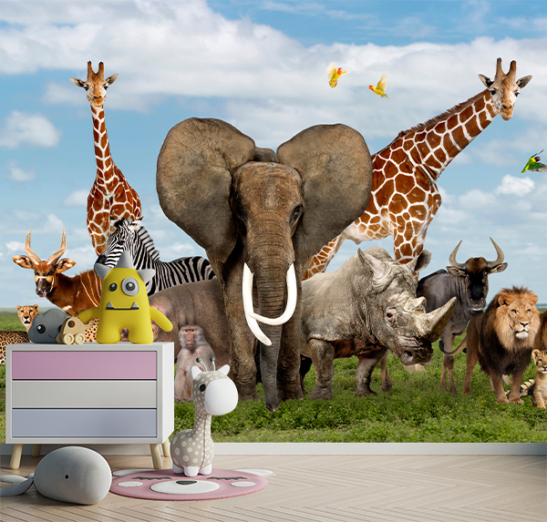 Stunning African wildlife wall wallpaper featuring an elephant, giraffe, zebra, rhino, hippo, cheetah, lion, baboon, ostrich, and flamingos against a vibrant blue sky. Bring the beauty and diversity of the African savanna to your walls!