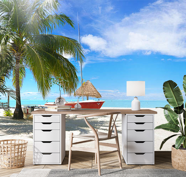 Pristine tropical beach, Crystal-clear turquoise water, white sand, swaying palm trees, and a vibrant red and white ready to take out to the water.