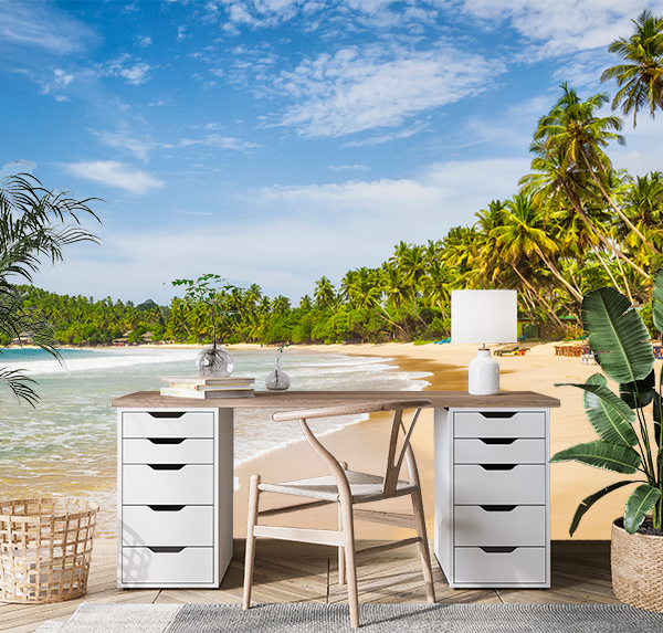 Beautiful beach scene with soft sands, palms, and calm waters. Ideal for upbeat, cheerful wallpaper and welcoming interiors
