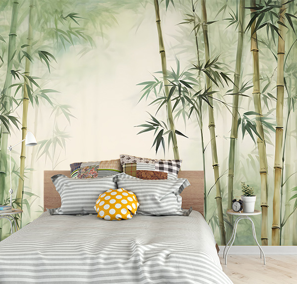 Peaceful ambiance with this watercolor bamboo forest. Tall stalks, green leaves, and gentle mist evoke calm, perfect for relaxing or nature-inspired decor