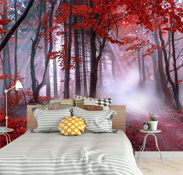 Discover a magical autumnal scene with red leaves, mist, and glowing light. Perfect for creating a mysterious and enchanting atmosphere in any space.