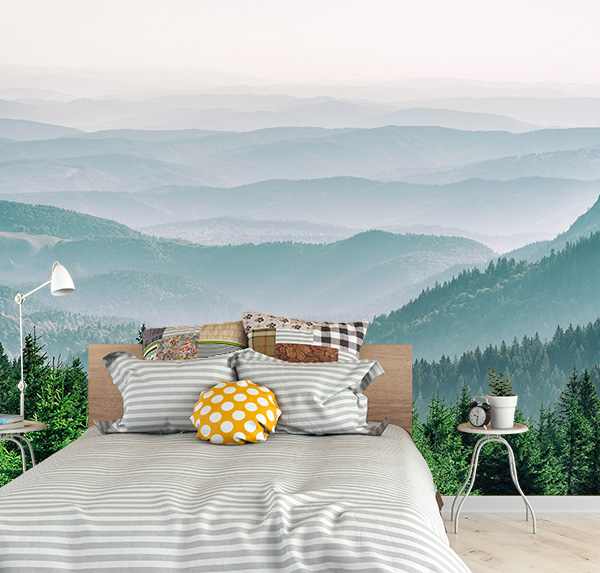Landscape with pines in the foreground give way to misty, bluish ridges, creating depth and serenity. bring calm and natural beauty to any space.