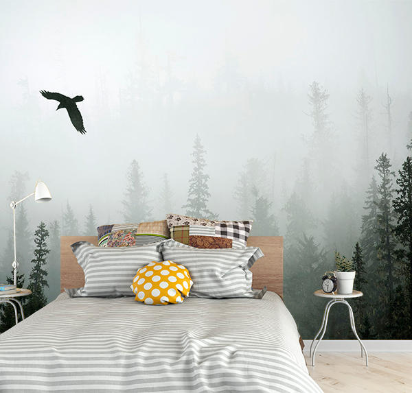 Create a mysterious ambiance with this foggy forest scene. Featuring a silhouetted raven and dense trees, it adds calm and intrigue to any room.