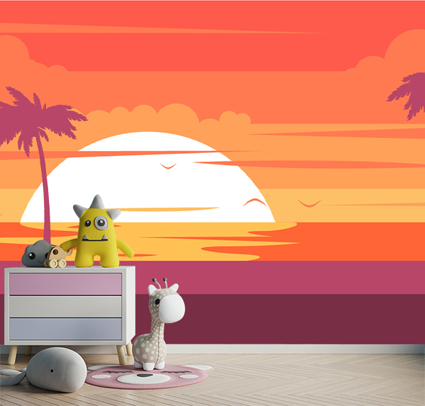illustration of a sunset which paints the sky in oranges and pinks, casting a warm glow on a tranquil ocean, framed by swaying palm trees and soaring birds.