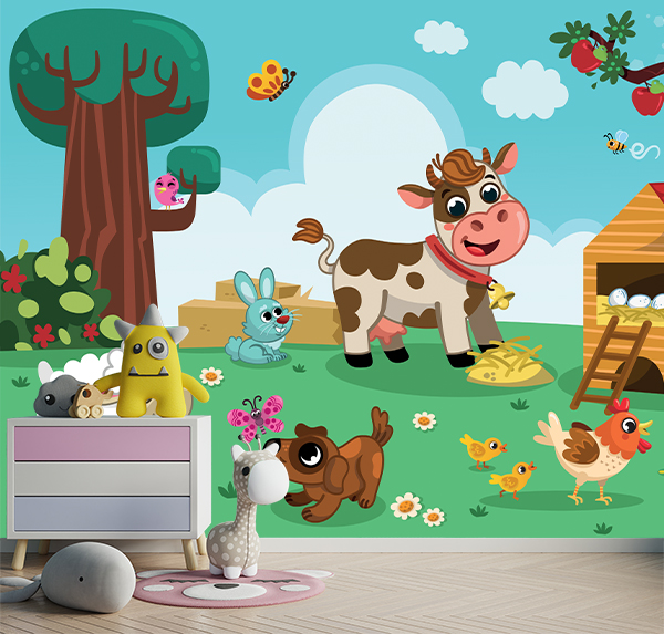 Featuring adorable cartoon animals like a bouncing sheep, a curious cow, and a playful bunny, this vibrant scene captures the joy of farm life.