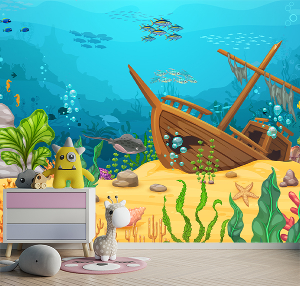 Dive into an underwater adventure with this illustration of sunken shipwreck teeming with colorful fish, graceful stingrays, and a playful jellyfish.