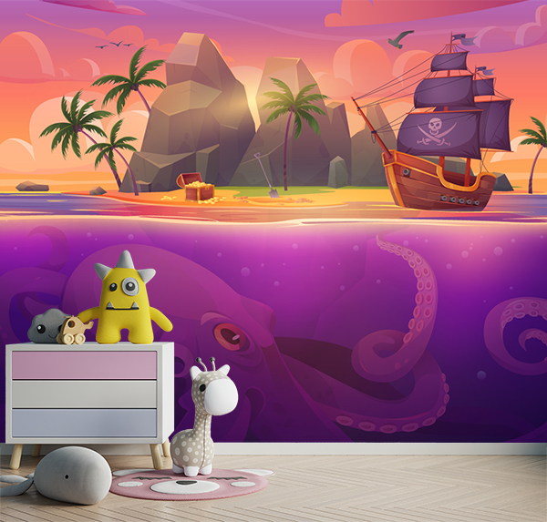 Pirate island wallpaper featuring a ship, treasure, and friendly octopus—perfect for creative, adventure-filled bedrooms.