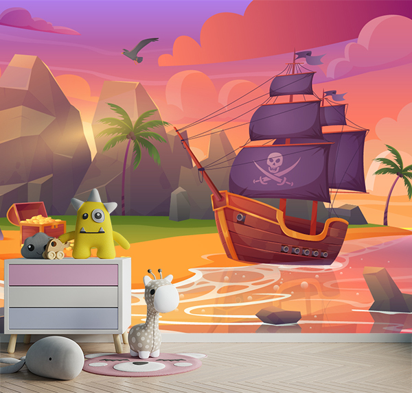 Vibrant pirate island sunset wallpaper for kids, featuring a ship, treasure, and tropical scenery—perfect for sparking imagination and storytelling at home.