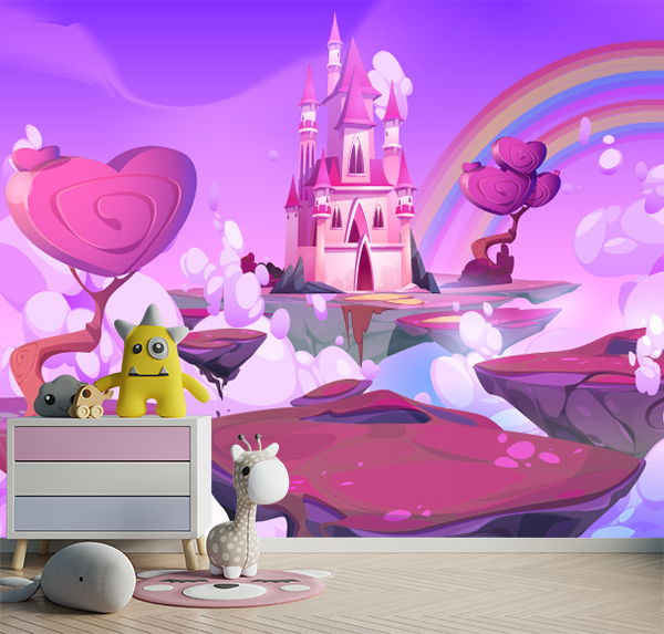 Magical kids’ wallpaper with a floating pink castle, pastel clouds, and a rainbow—designed to inspire joy, creativity, and dreamy adventures every day.