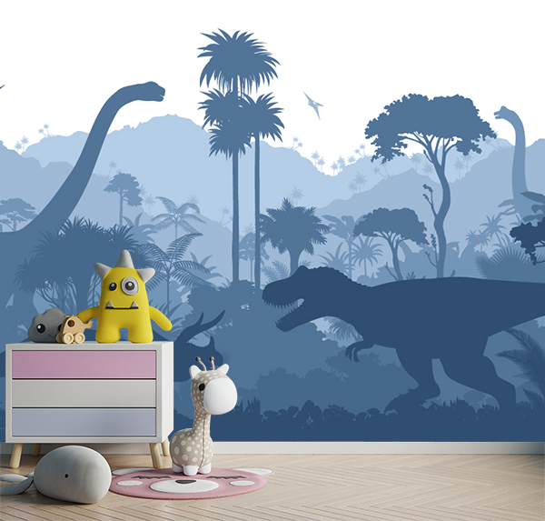 Dinosaur jungle kids’ wallpaper with Brachiosaurus, T-Rex, and Triceratops in blue tones—ideal for sparking curiosity and adventure in any child’s space.