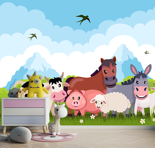 Adorable cartoon farm animals – a cow, pig, sheep, horse, donkey, and goat – smile happily in a sunny field! Bright, friendly, and fun!
