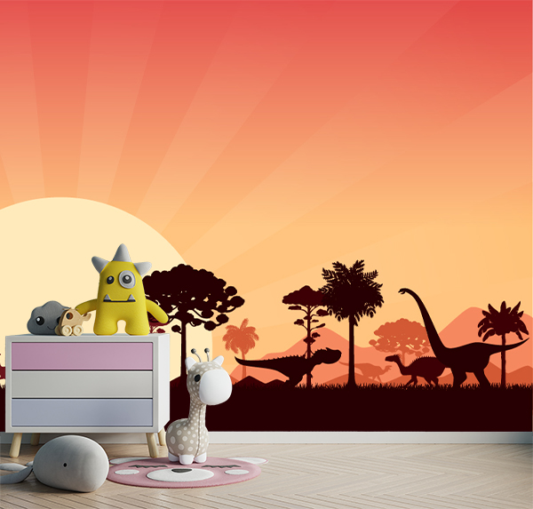 Kids’ wallpaper featuring dinosaurs at sunset—Brachiosaurus, T-Rex, and more in silhouette, set against glowing skies and lush prehistoric plants.