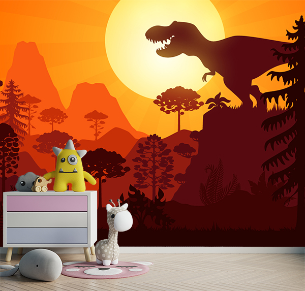 Kids’ wallpaper with a silhouetted T-Rex on a cliff at sunset. Bold, dramatic, and full of prehistoric energy—perfect for sparking adventure and imagination.