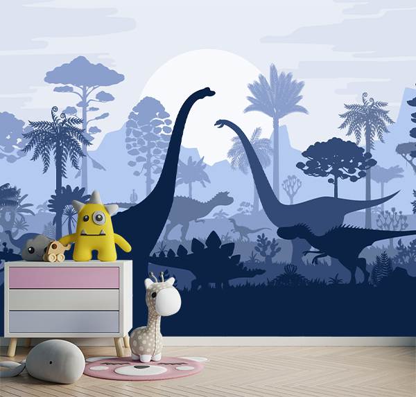 Create a playful child's room with this dinosaur-themed wallpaper. Featuring silhouettes and vibrant blue and white tones, inspiring imagination and adventure. Dinosaur Blue Theme